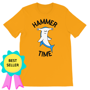 Flatlay view of the Hammer Time Unisex Adult Tee, with a badge noting that it is a best selling item