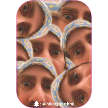 Load image into Gallery viewer, The upper portion of the face of a man wearing the Mr. Peaches the Cat Beanie, repeated in a kaleidoscope-like collage
