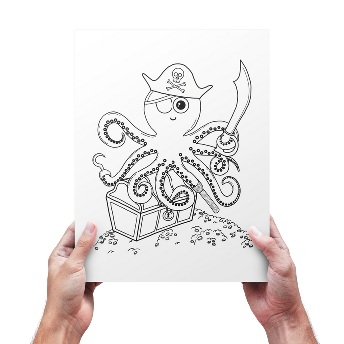 A pair of hands holding the pirate octopus coloring page