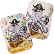 Load image into Gallery viewer, Example of the Pirate Octopus Coloring Page finished. The octopus has been colored blue with purple swirls, and colorful flowers were added to the background. It was colored by Jill D.