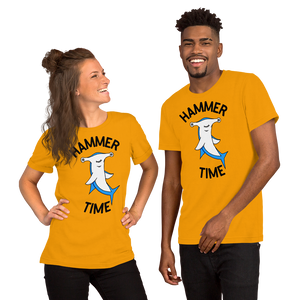Front view of a man and woman both wearing the Hammer Time Unisex Adult Tee