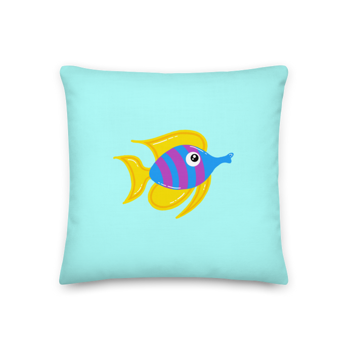 18 inch square Tropical Fish Pillow, a light blue pillow featuring an illustration of a blue and purple tropical fish with yellow fins.