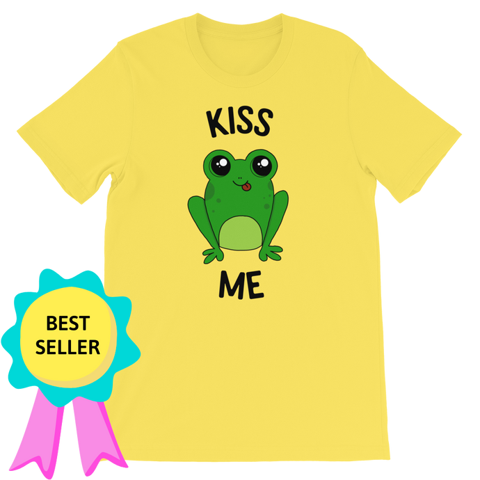 Flatlay view of the Kiss a Frog Tee, with a badge noting that it's a best selling item