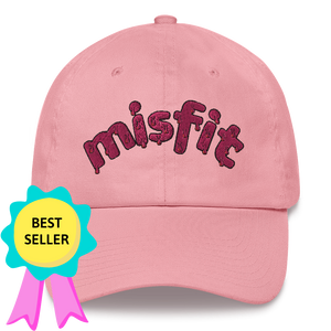 Front view of the Misfit Dad Hat in pink, with a badge noting that it is a best selling item