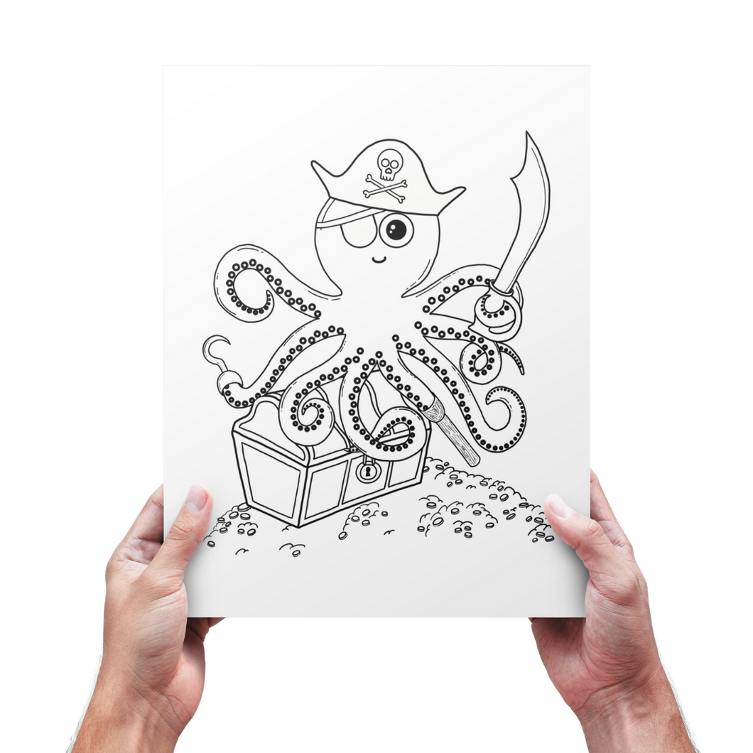 A pair of hands holding the pirate octopus coloring page