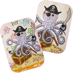 Example of the Pirate Octopus Coloring Page finished. The octopus has been colored blue with purple swirls, and colorful flowers were added to the background. It was colored by Jill D.
