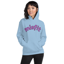 Load image into Gallery viewer, Front view of a woman wearing the blue misfit hoodie