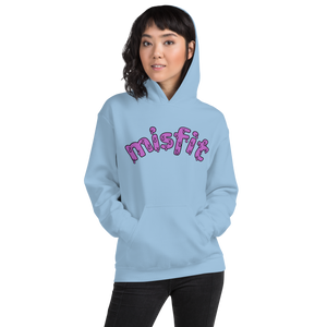 Front view of a woman wearing the blue misfit hoodie