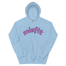 Load image into Gallery viewer, Flatlay of the blue Misfit Hoodie, a light blue hoodie with the word misfit across the chest in a dripping pink font