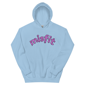 Flatlay of the blue Misfit Hoodie, a light blue hoodie with the word misfit across the chest in a dripping pink font