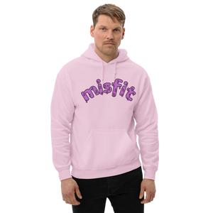 Front view of a man wearing the pink misfit hoodie