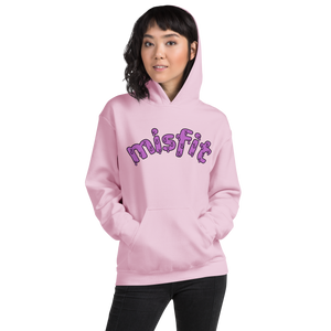 Front view of a woman wearing the pink misfit hoodie
