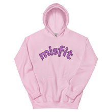 Load image into Gallery viewer, Flatlay of the pink Misfit Hoodie, a light pink hoodie with the word misfit across the chest in a dripping pink font