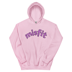 Flatlay of the pink Misfit Hoodie, a light pink hoodie with the word misfit across the chest in a dripping pink font