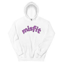 Load image into Gallery viewer, Flatlay of the white Misfit Hoodie, a white hoodie with the word misfit across the chest in a dripping pink font
