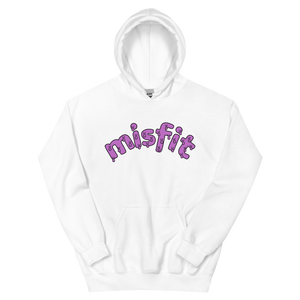 Flatlay of the white Misfit Hoodie, a white hoodie with the word misfit across the chest in a dripping pink font