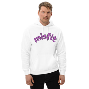 Front view of a man wearing the white misfit hoodie