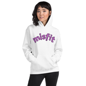 Front view of a woman wearing the white misfit hoodie