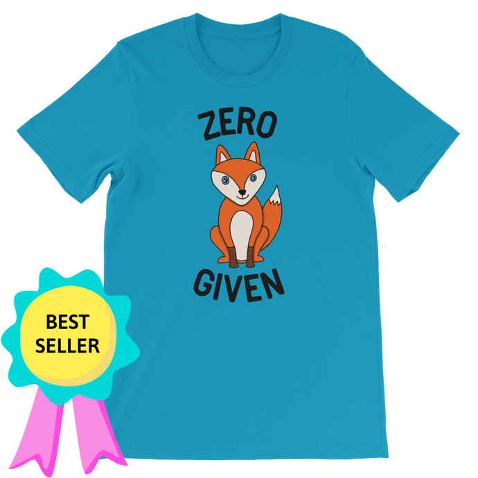 Flatlay view of the Zero Fox Given Unisex Adult Tee, with a badge noting that it's a bet selling item
